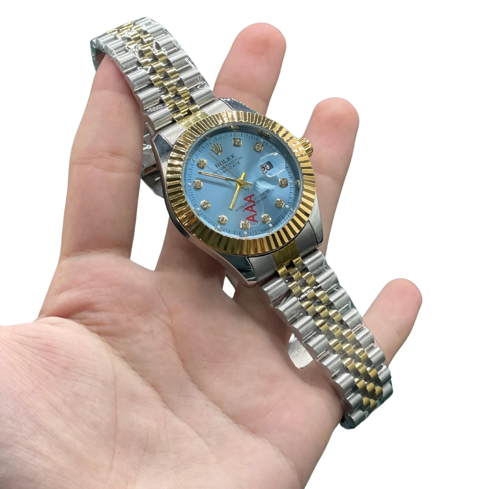 RLX Two-Tone Dress Watch with Ice Blue Diamond Dial, Fluted Gold Bezel, and Jubilee Bracelet