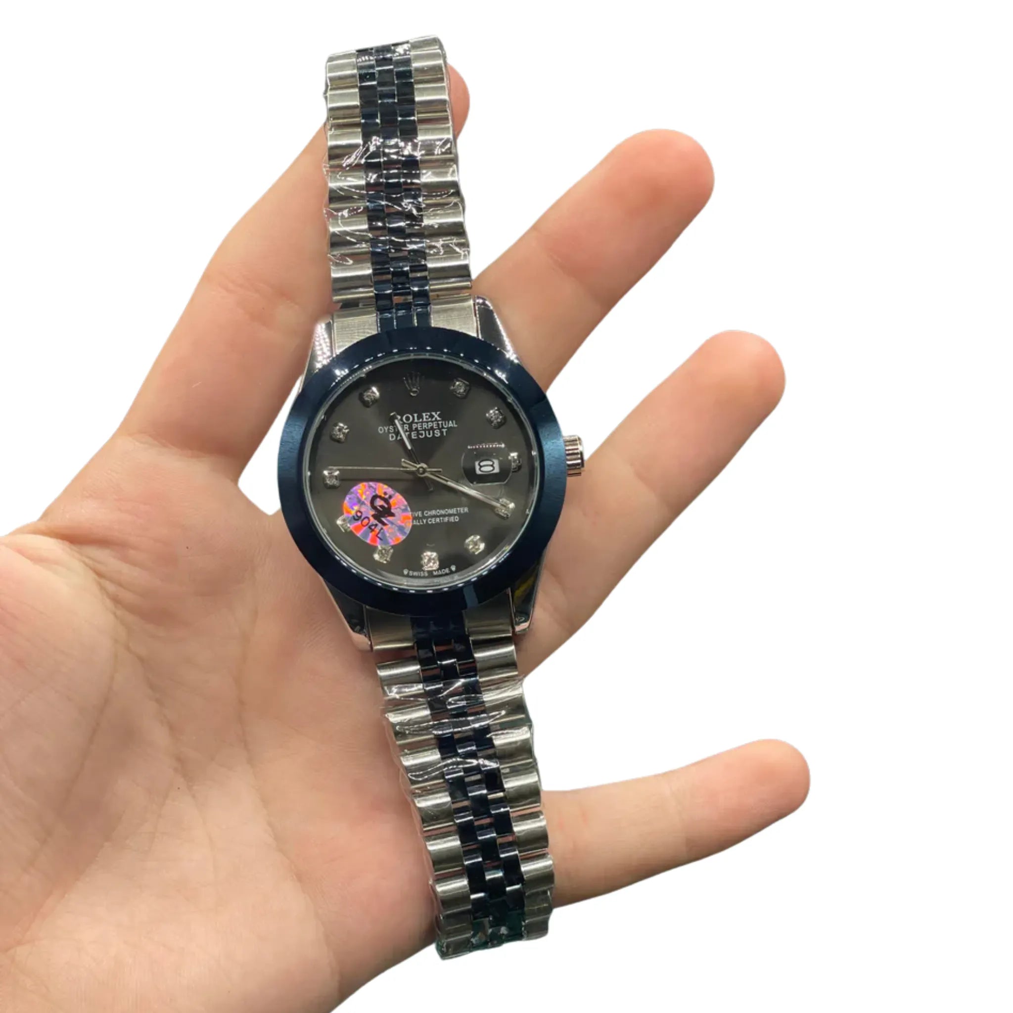 RLX Two-Tone Dress Watch with Slate Grey Diamond Dial, Blue Smooth Bezel, and Jubilee Bracelet