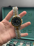 RLX Two-Tone GMT Style Watch with Black Dial, Gold Bezel, and Jubilee Bracelet
