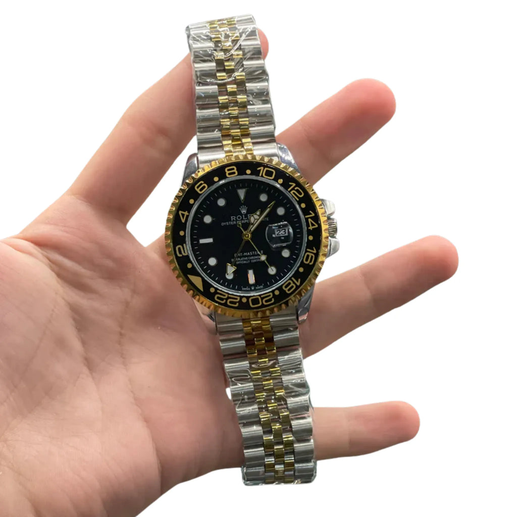 RLX Two-Tone GMT Style Watch with Black Dial, Gold Bezel, and Jubilee Bracelet