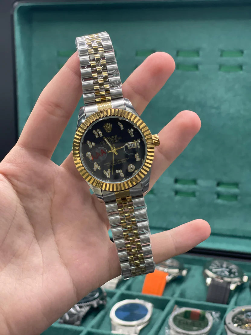 RLX Two-Tone Luxury Dress Watch with Black Diamond Numeral Dial, Fluted Gold Bezel, and Jubilee Bracelet