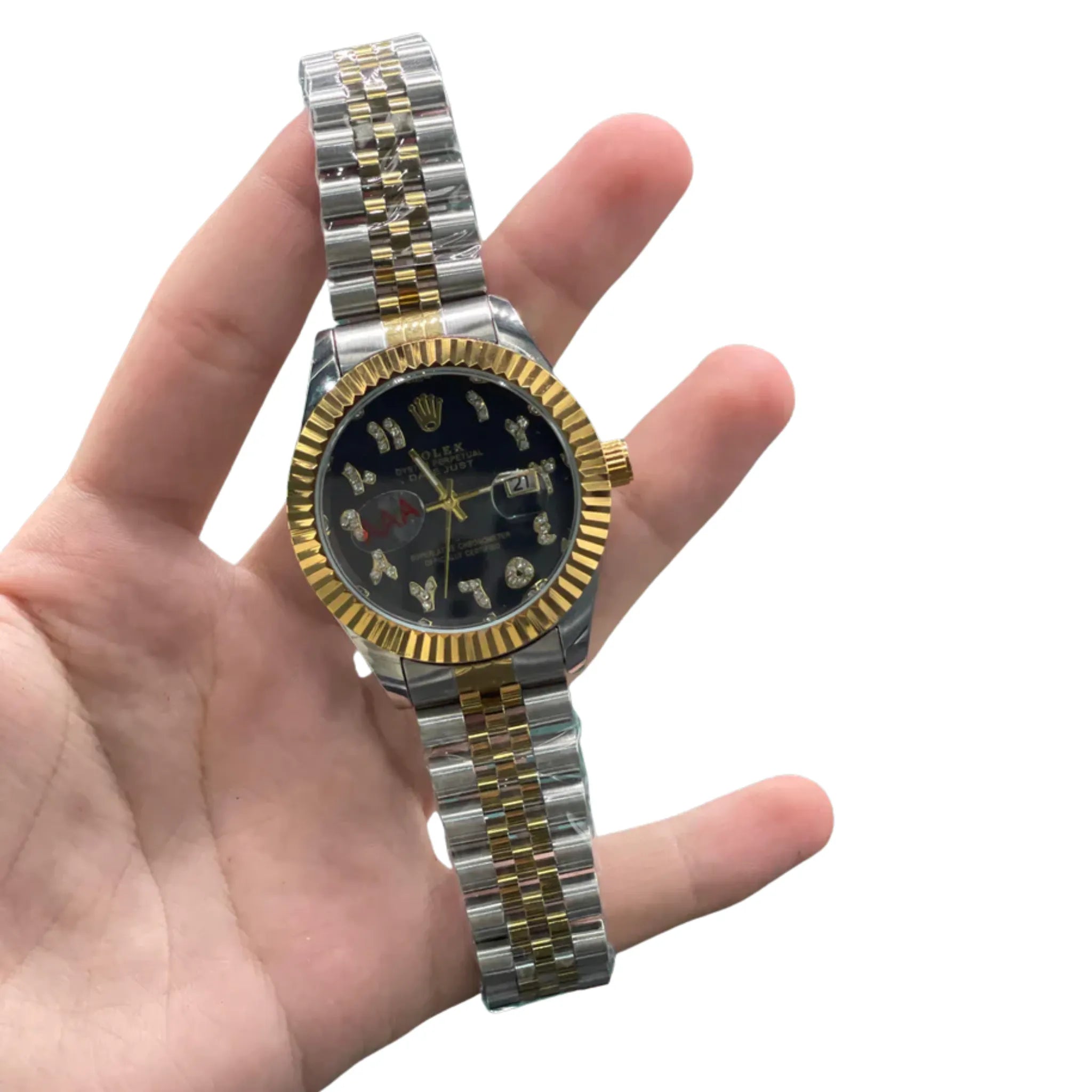 RLX Two-Tone Luxury Dress Watch with Black Diamond Numeral Dial, Fluted Gold Bezel, and Jubilee Bracelet