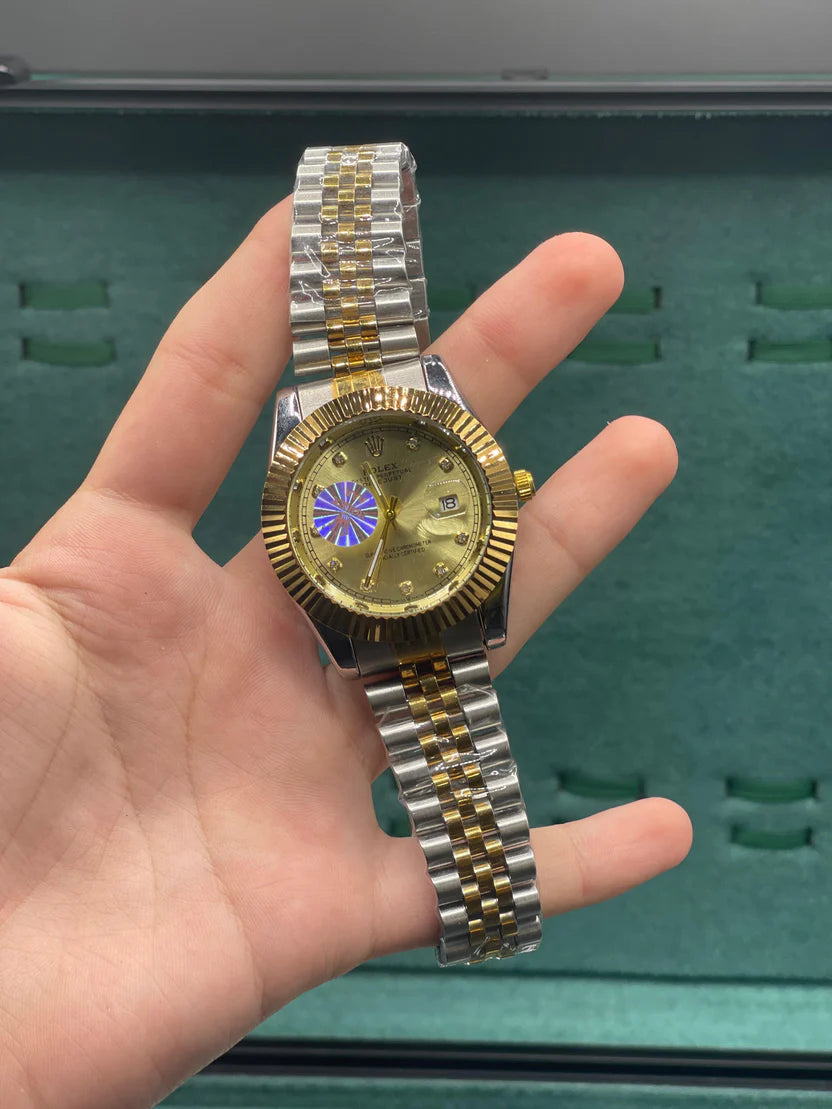 RLX Two-Tone Luxury Dress Watch with Champagne Gold Diamond Dial, Fluted Gold Bezel, and Jubilee Bracelet