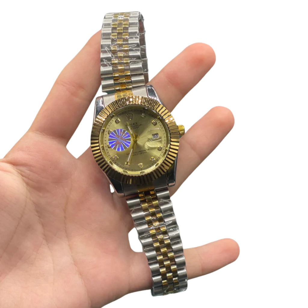 RLX Two-Tone Luxury Dress Watch with Champagne Gold Diamond Dial, Fluted Gold Bezel, and Jubilee Bracelet