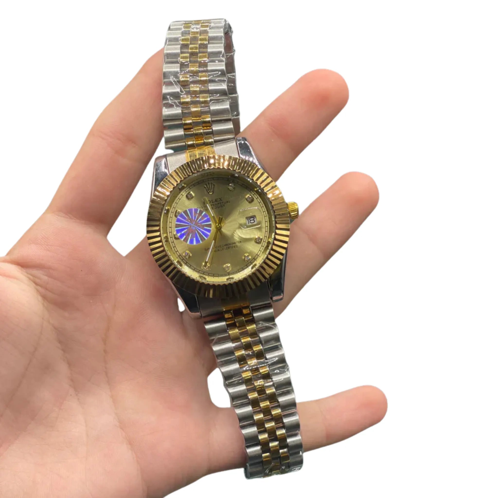 RLX Two-Tone Luxury Dress Watch with Champagne Gold Diamond Dial, Fluted Gold Bezel, and Jubilee Bracelet