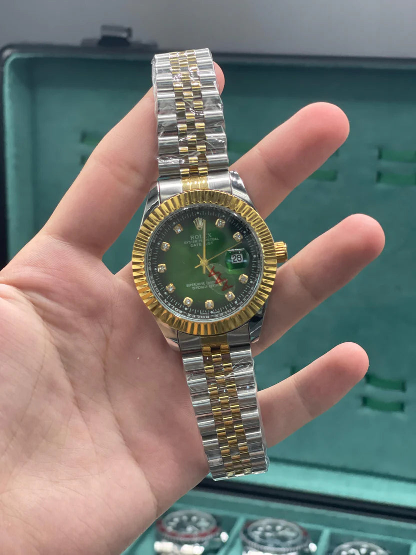 RLX Two-Tone Luxury Dress Watch with Green Diamond Dial, Fluted Bezel, and Jubilee Bracelet