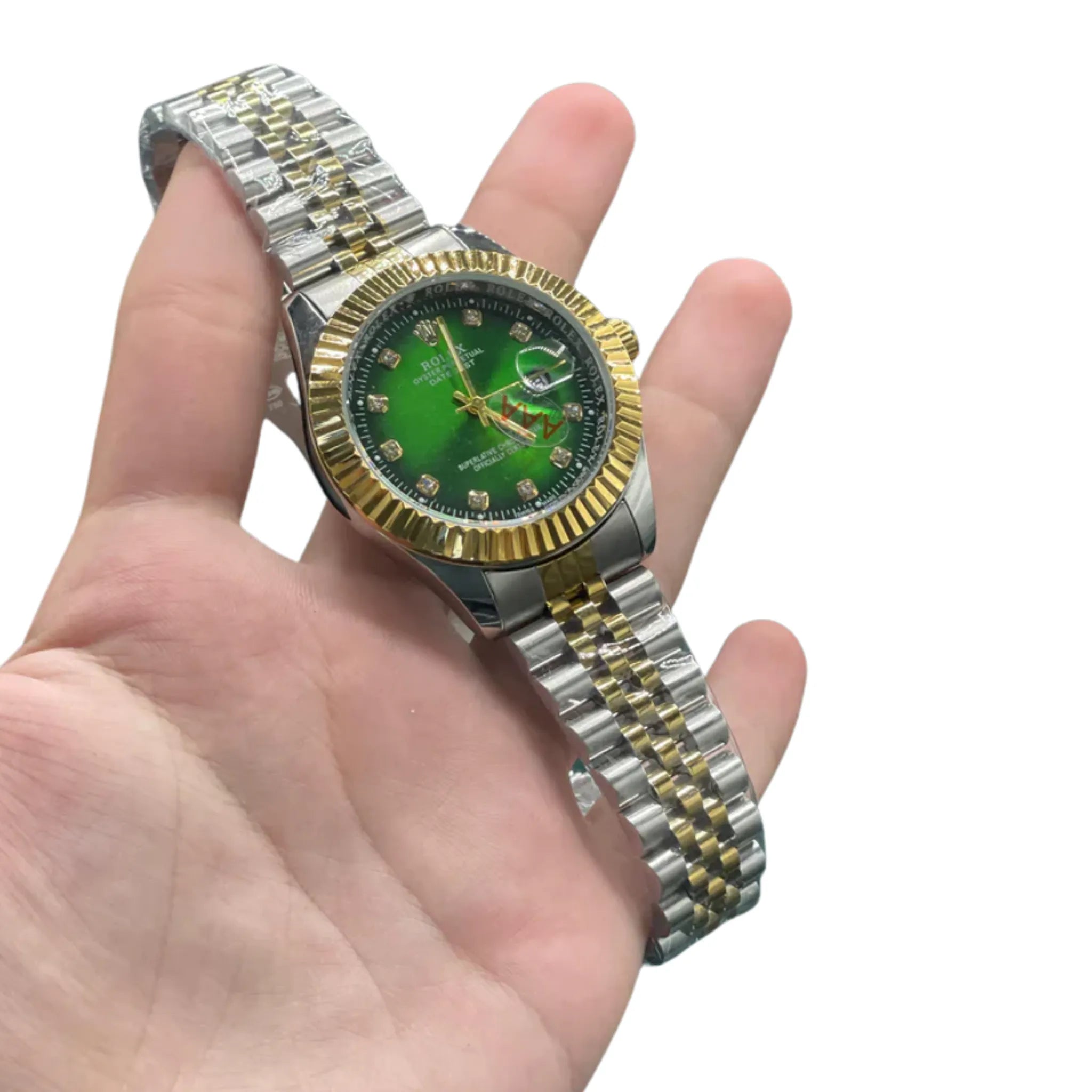 RLX Two-Tone Luxury Dress Watch with Green Diamond Dial, Fluted Bezel, and Jubilee Bracelet