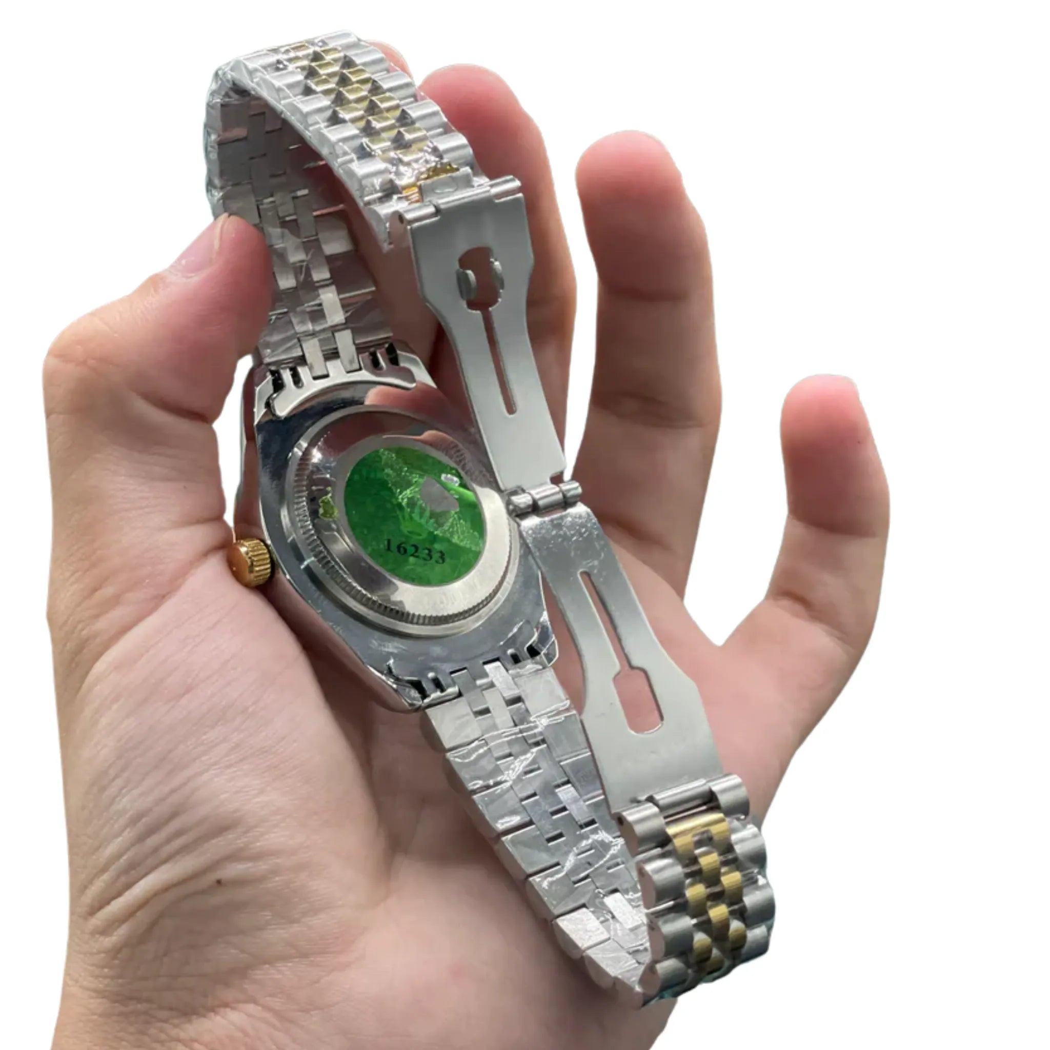 RLX Two-Tone Luxury Dress Watch with Green Diamond Dial, Fluted Bezel, and Jubilee Bracelet