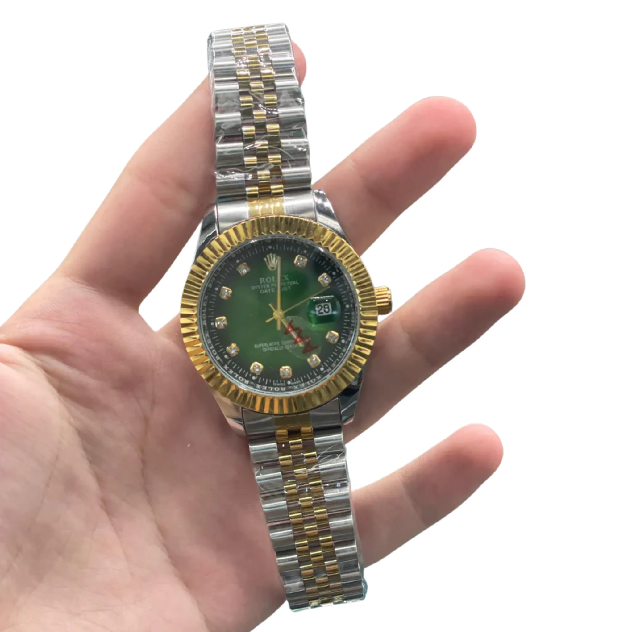 RLX Two-Tone Luxury Dress Watch with Green Diamond Dial, Fluted Bezel, and Jubilee Bracelet