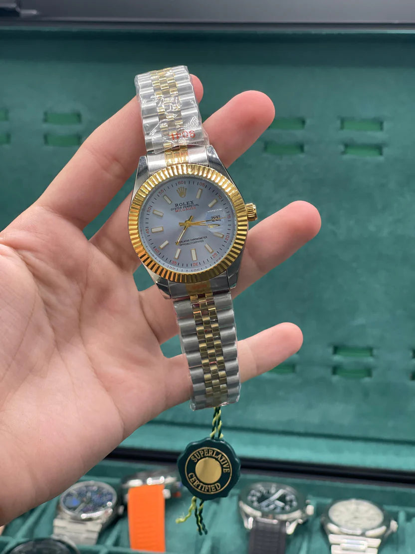RLX Two-Tone Luxury Dress Watch with Ice Blue Dial, Gold Fluted Bezel, and Jubilee Bracelet