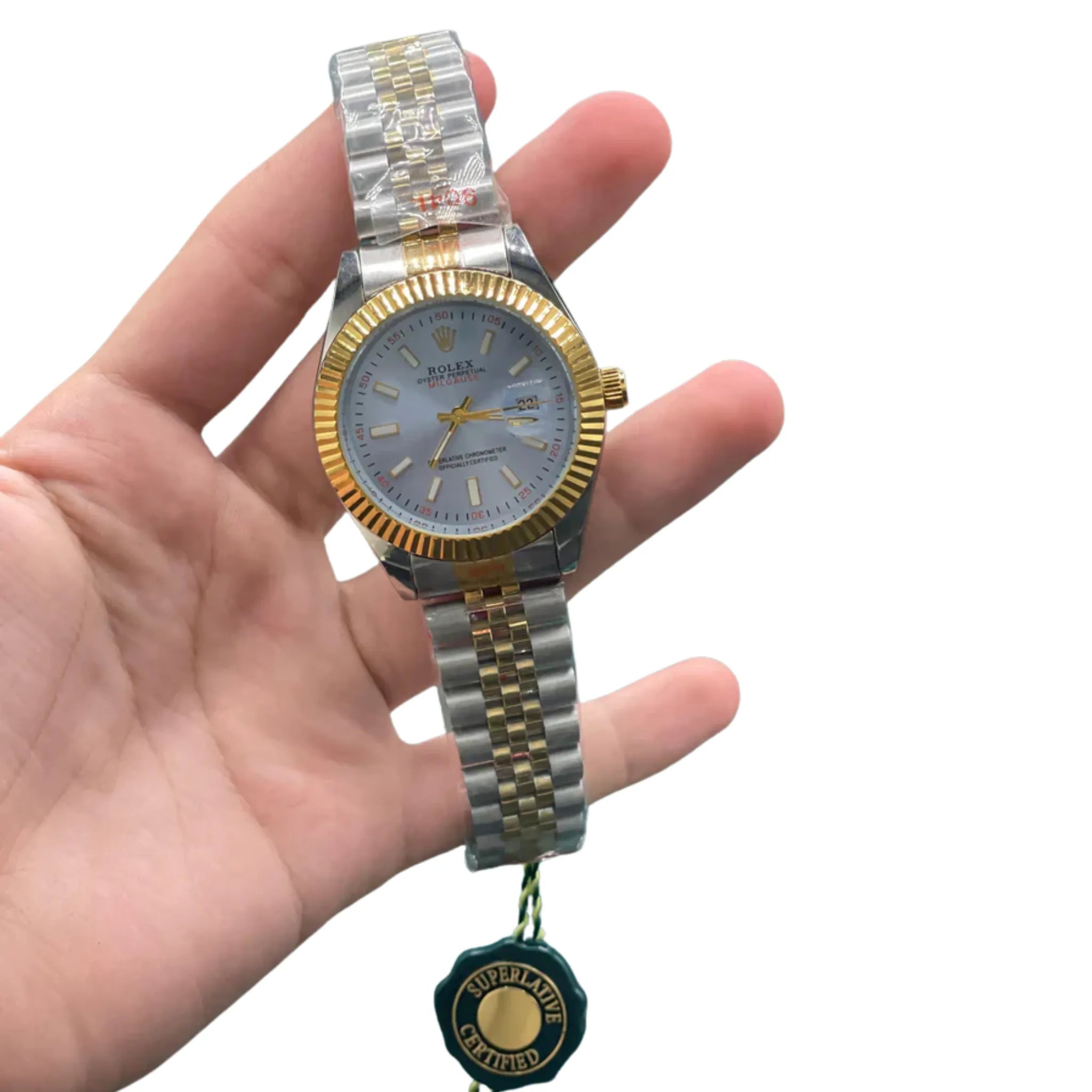 RLX Two-Tone Luxury Dress Watch with Ice Blue Dial, Gold Fluted Bezel, and Jubilee Bracelet
