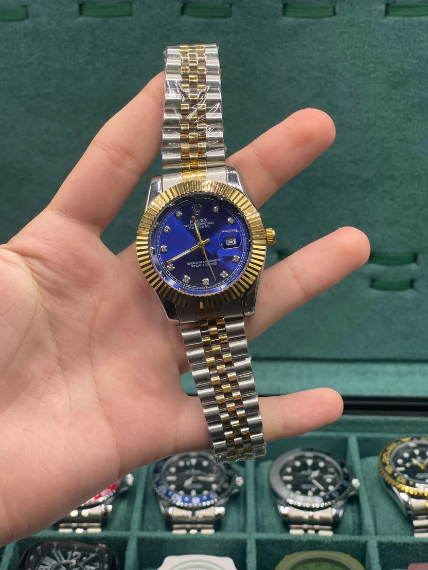 RLX Two-Tone Luxury Dress Watch with Royal Blue Diamond Dial, Gold Fluted Bezel, and Jubilee Bracelet