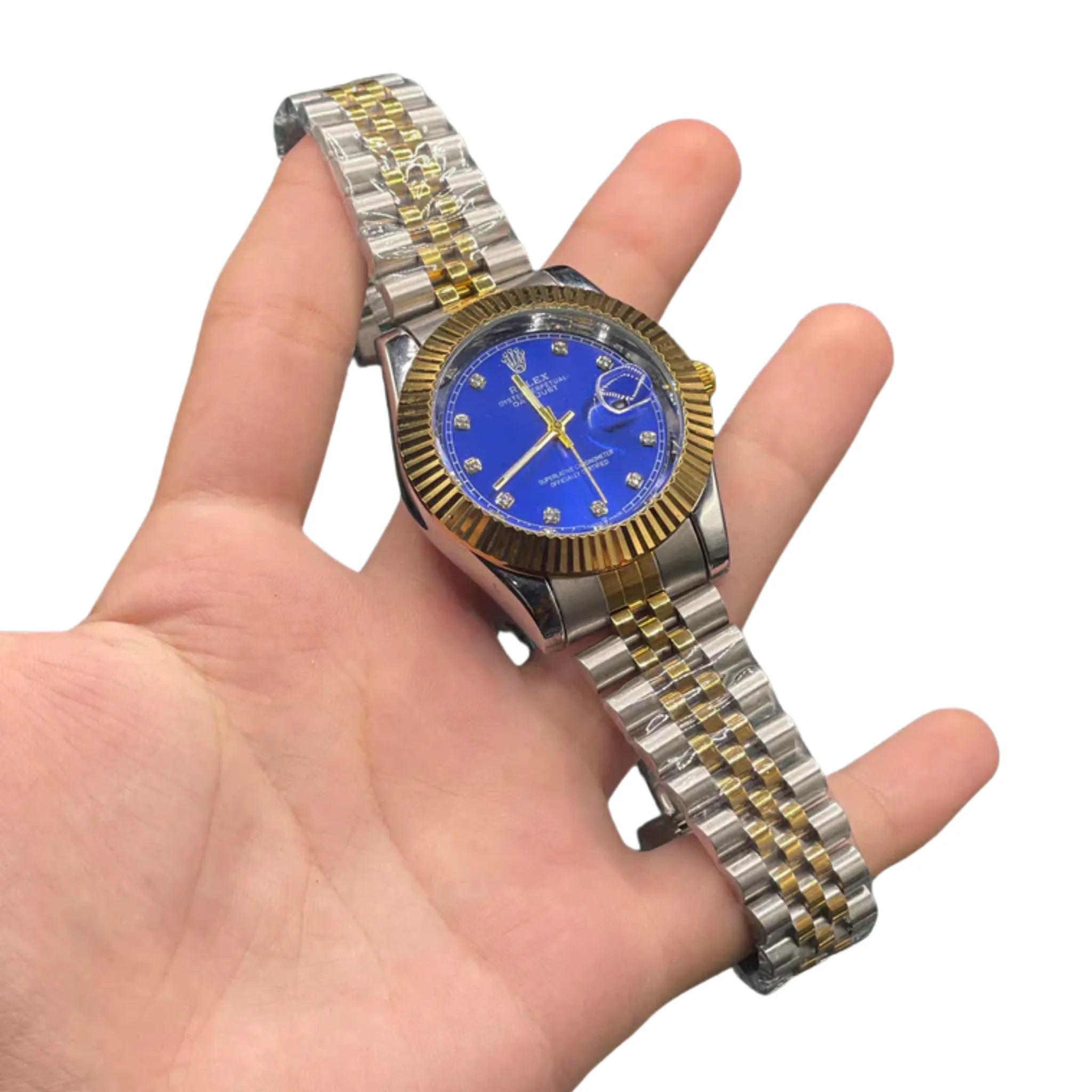 RLX Two-Tone Luxury Dress Watch with Royal Blue Diamond Dial, Gold Fluted Bezel, and Jubilee Bracelet