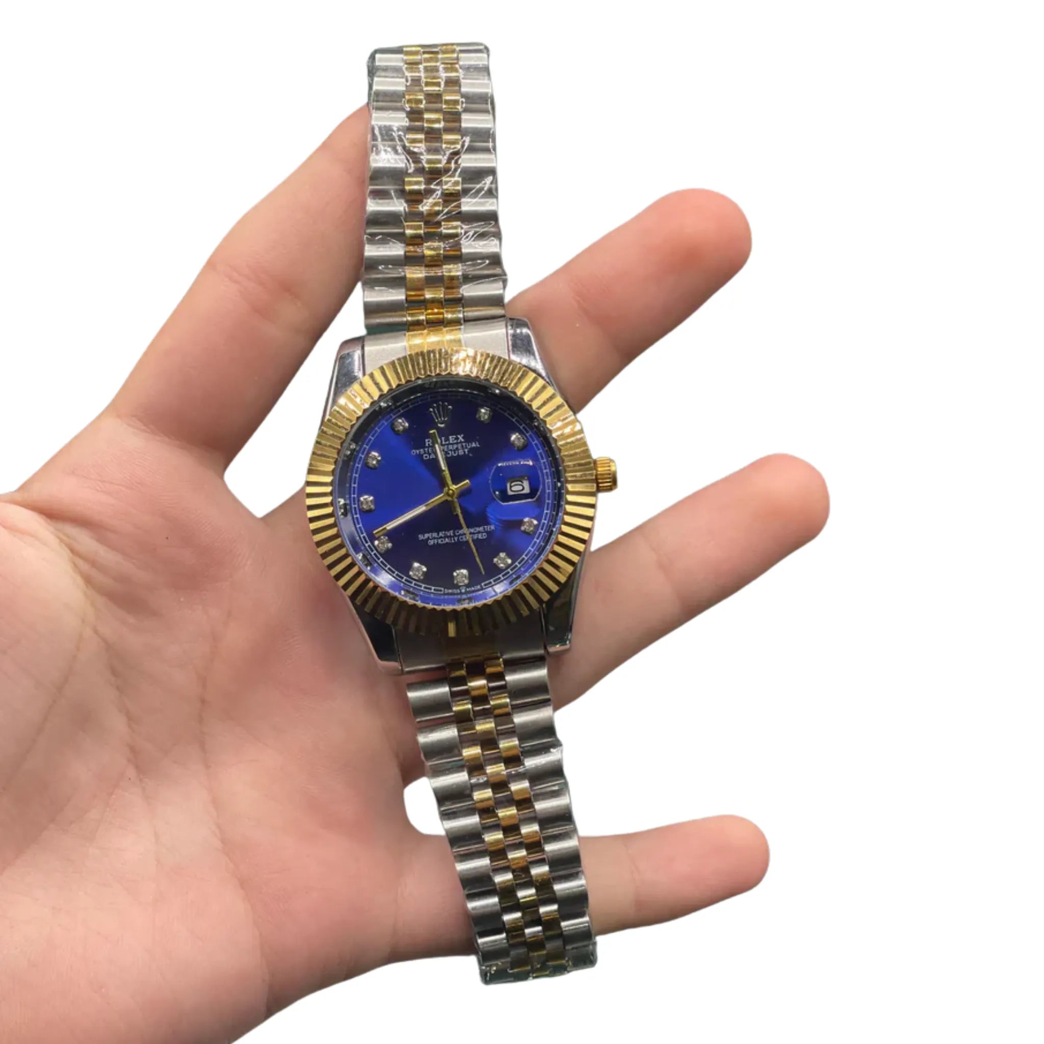 RLX Two-Tone Luxury Dress Watch with Royal Blue Diamond Dial, Gold Fluted Bezel, and Jubilee Bracelet