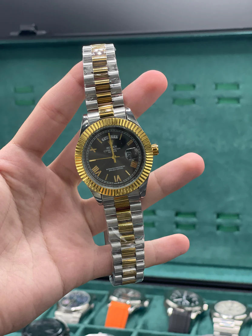 RLX Two Tone Chain With Black Day Date Dial Watch