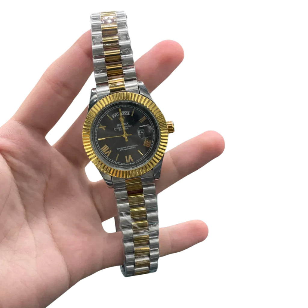 RLX Two Tone Chain With Black Day Date Dial Watch