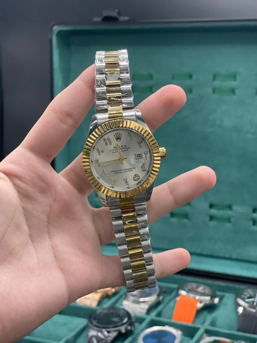 RLX Two Tone Chain With White Arabic Numeral Dial Watch