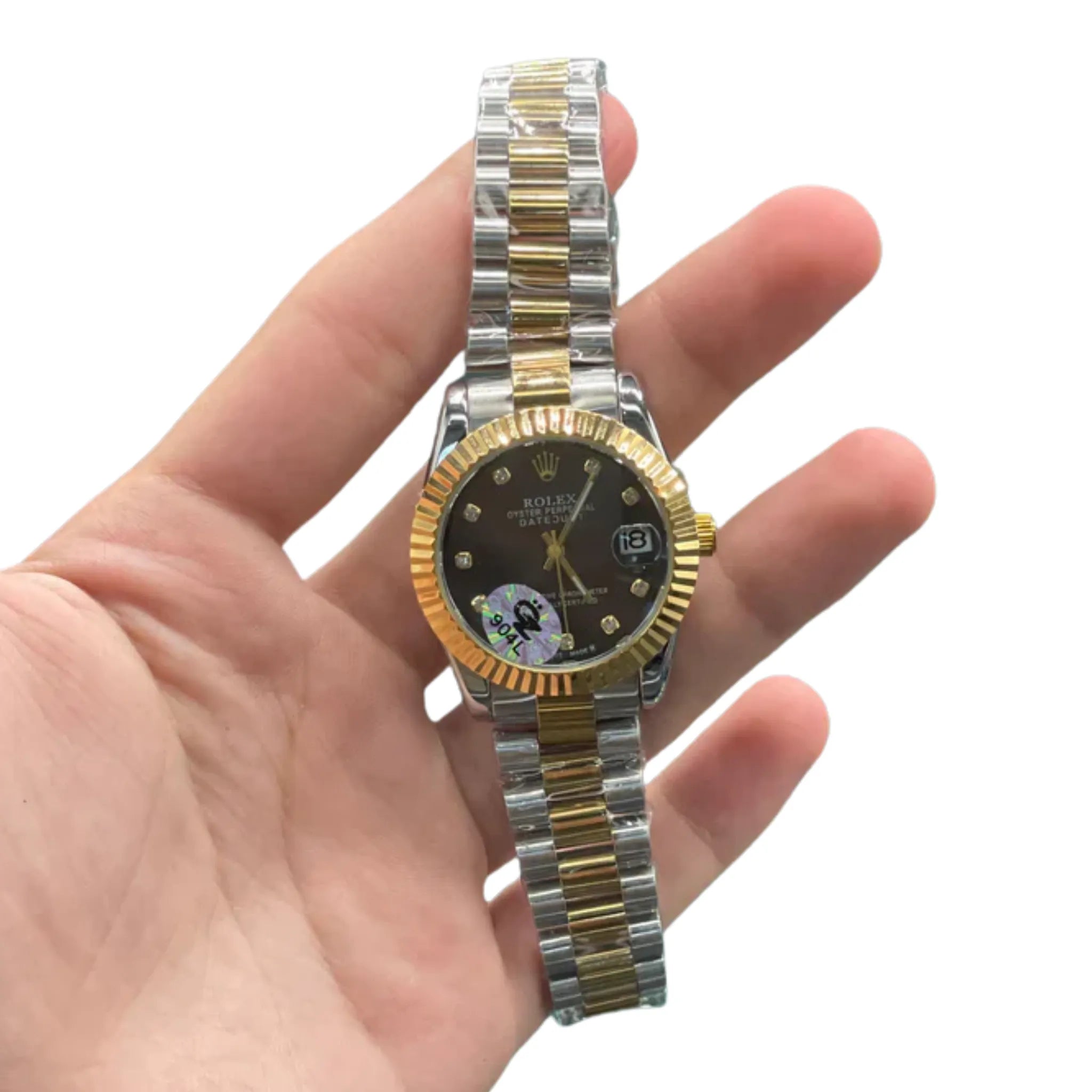 RLX Two Tone Gold And Silver Chain With Sleek Black Dial Ladies Watch