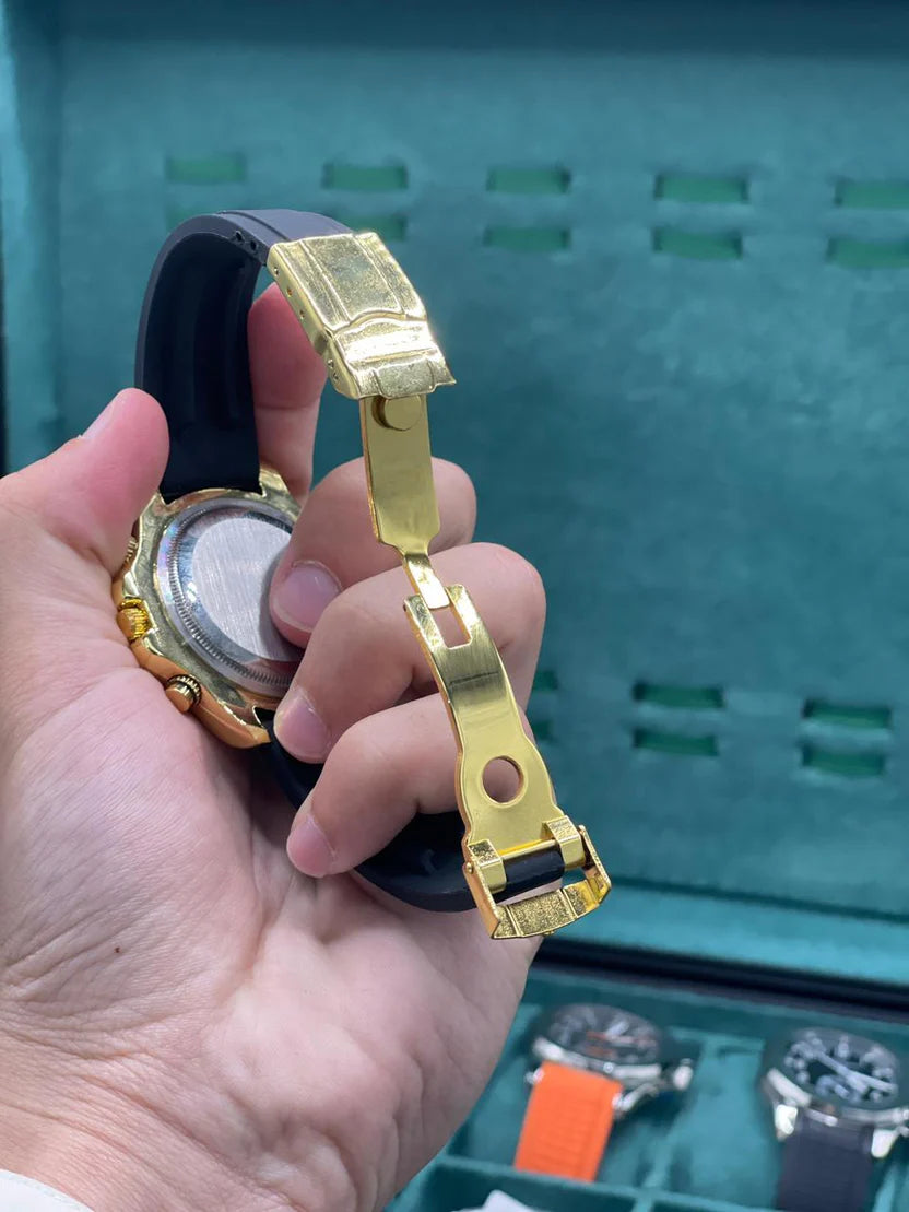 RLX Black Rubber Strap With Black And Golden Chronograph Dial Watch