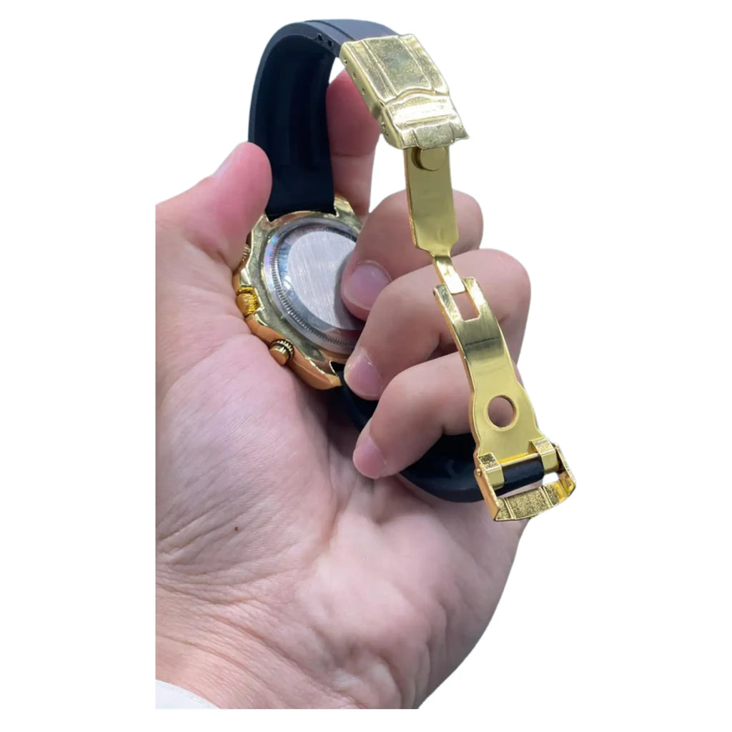 RLX Black Rubber Strap With Black And Golden Chronograph Dial Watch