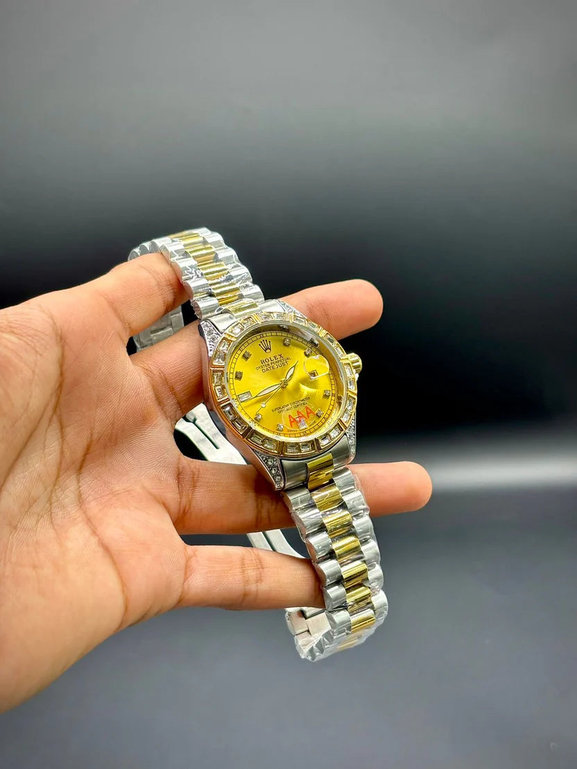 RLX Premium Iced-Out Watch – Gold & Silver | Champagne Dial | Crystal Markers