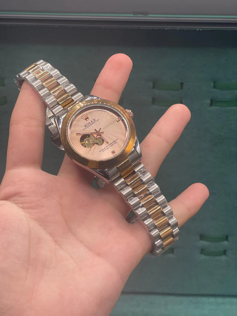 RLX Rose Gold Two-Tone Automatic Watch — Salmon Sunburst Dial with Open Heart & Jubilee Strap