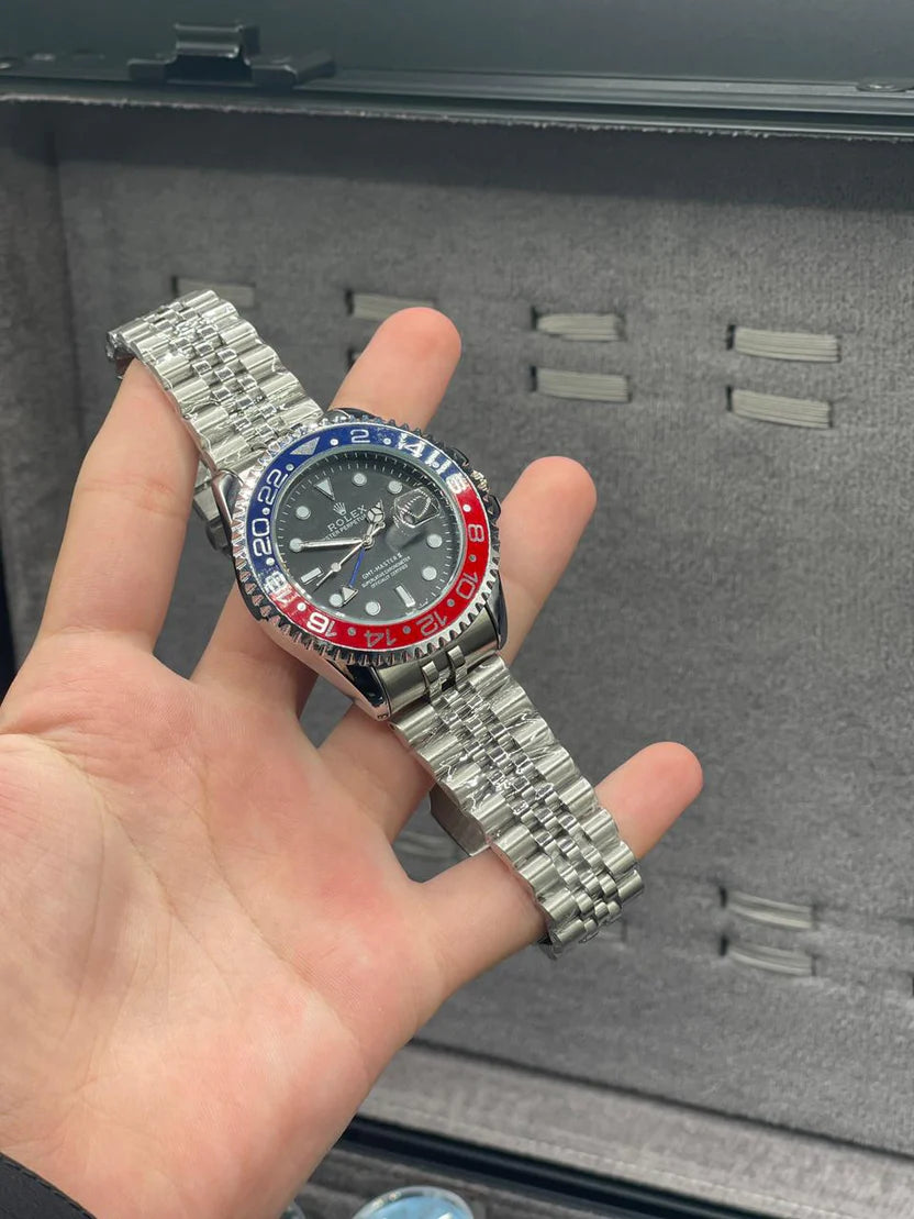 RLX Silver Chain With Black Dial Semi Automatic Pepsi Style Watch