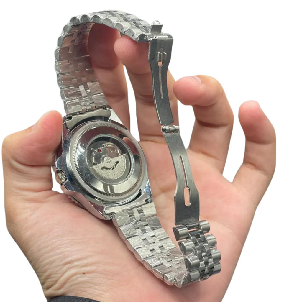RLX Silver Chain With Black Dial Semi Automatic Pepsi Style Watch