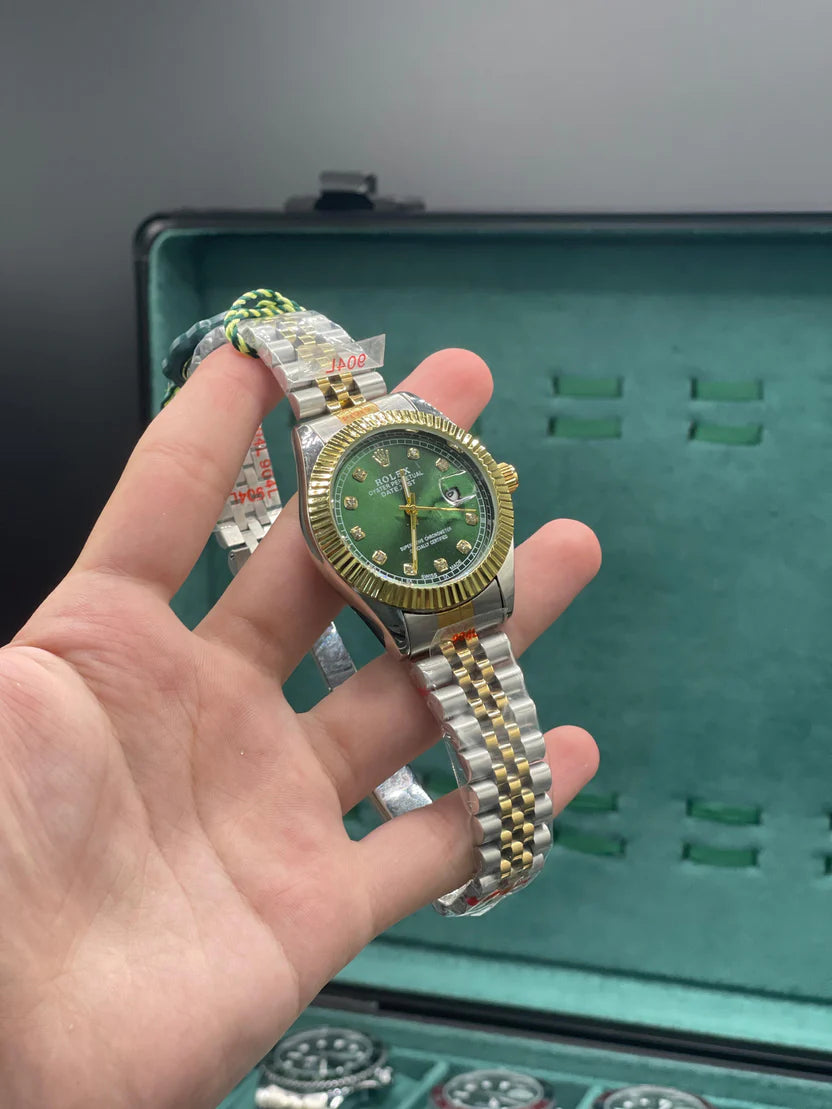 RLX Stainless Steel Chain 7999 /Two-Tone Luxury Dress Watch with Olive Green Diamond Dial, Gold Fluted Bezel, and Jubilee Bracelet