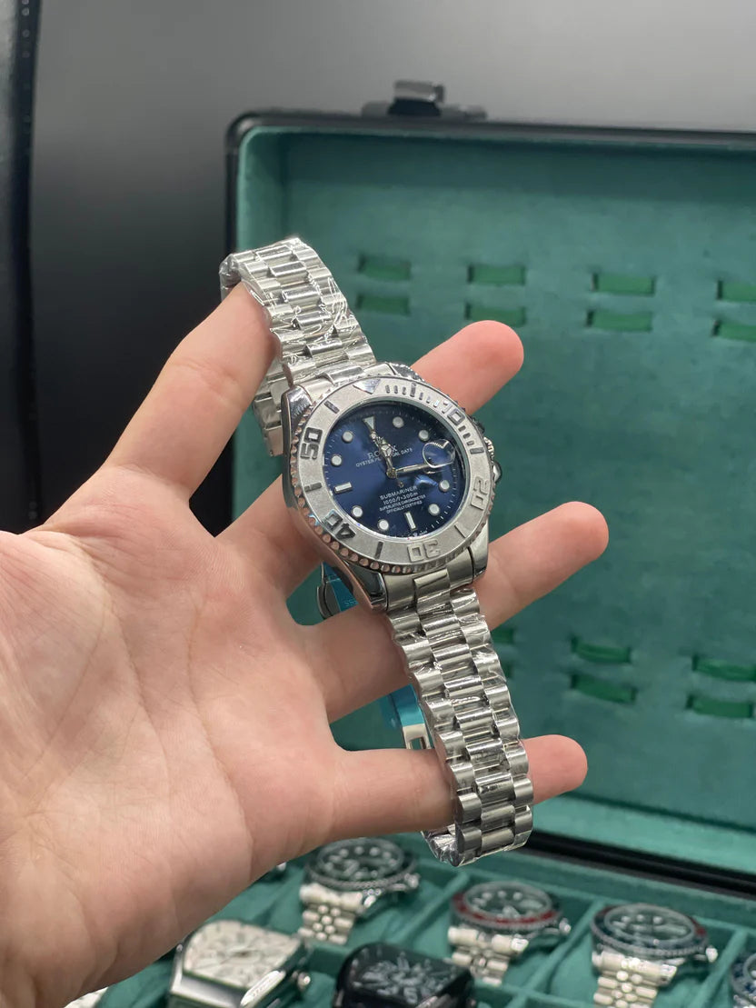 RLX Stainless Steel Dive Style Watch with Blue Dial, Rotating Bezel, and Oyster Bracelet