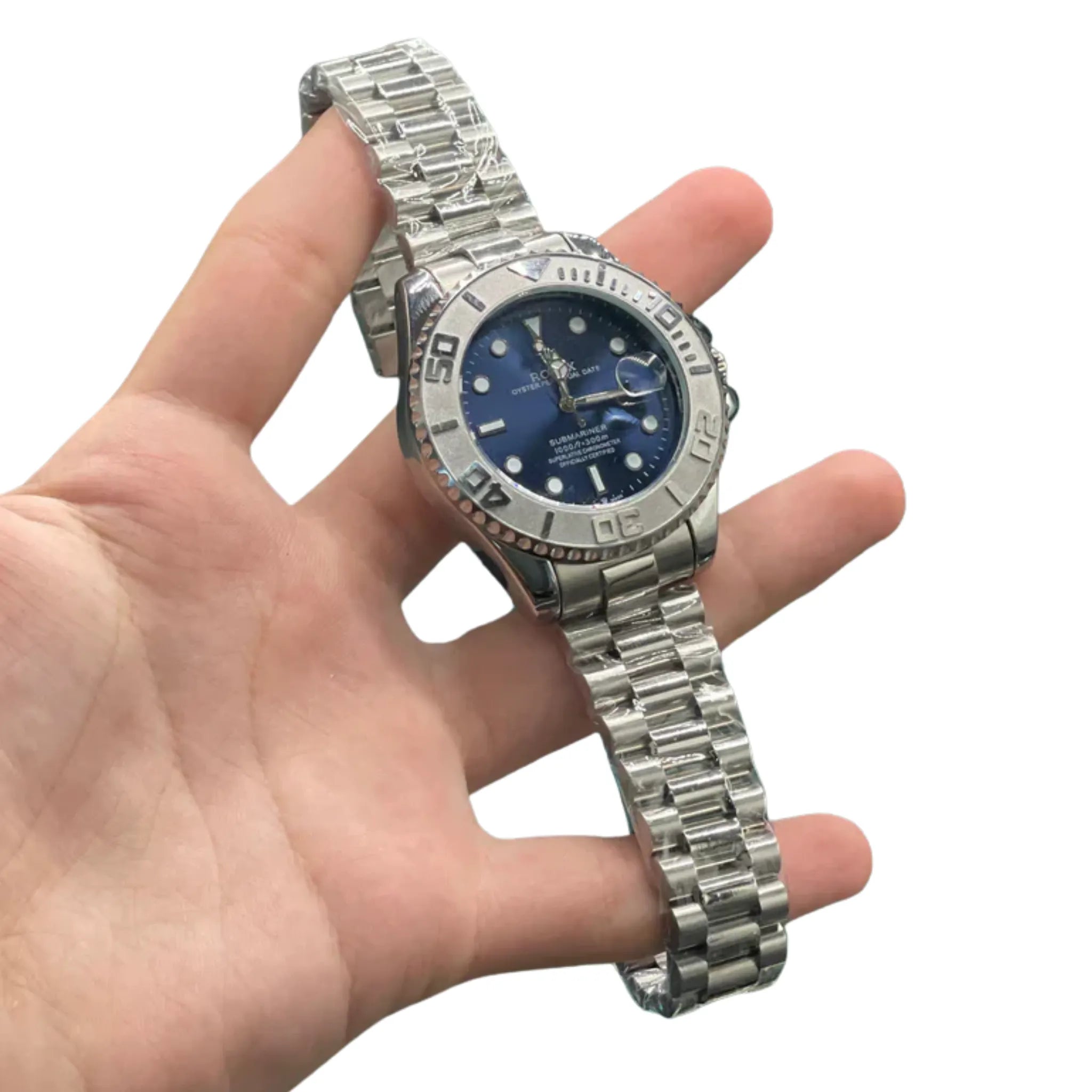 RLX Stainless Steel Dive Style Watch with Blue Dial, Rotating Bezel, and Oyster Bracelet