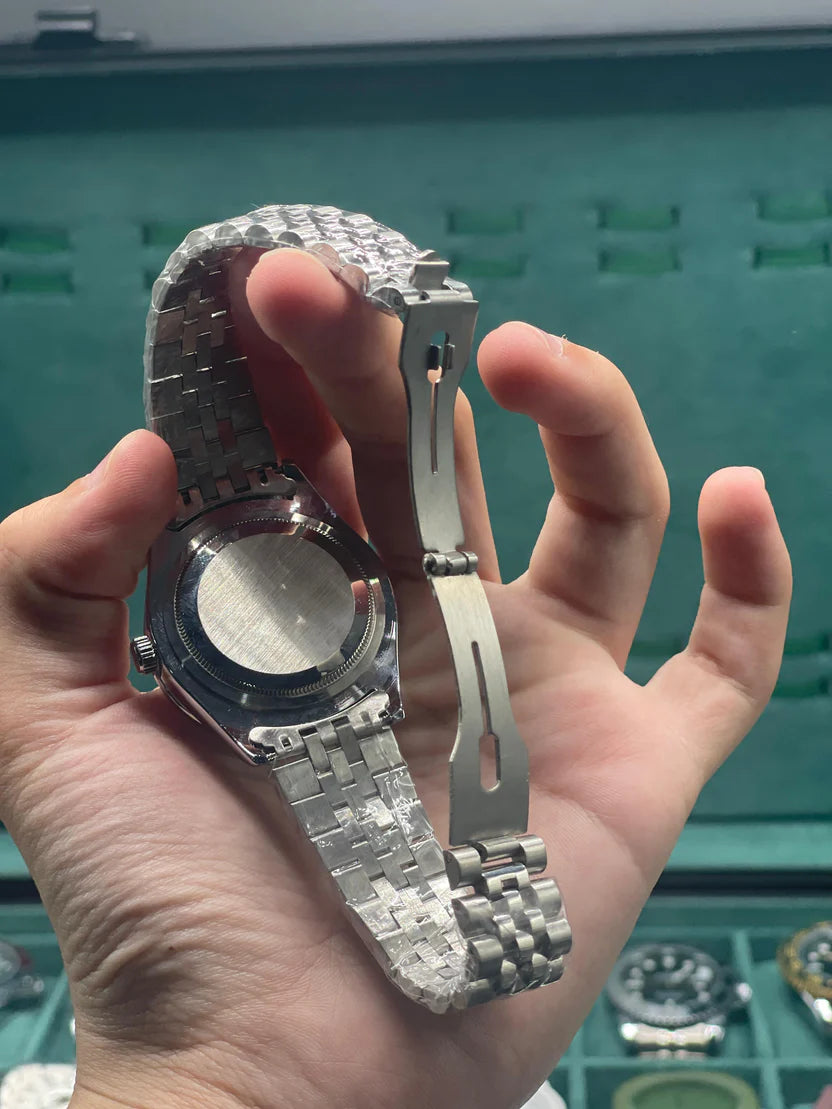 RLX Stainless Steel Dress Watch with Black Diamond Dial, Smooth Bezel, and Jubilee Bracelet