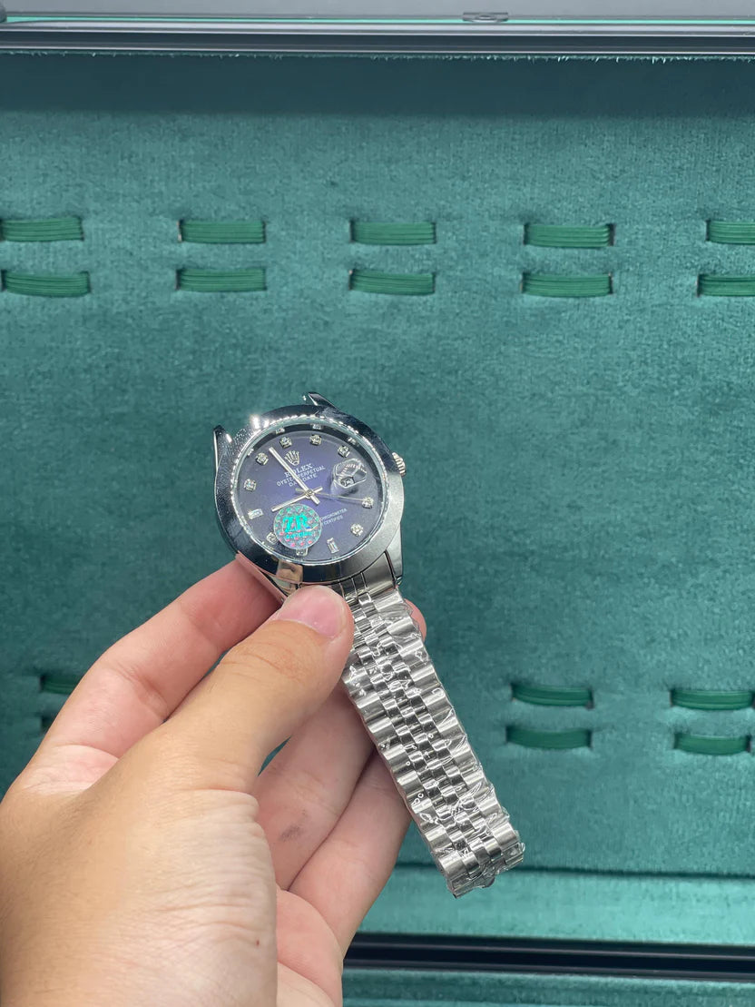 RLX Stainless Steel Dress Watch with Midnight Blue Diamond Dial, Smooth Bezel, and Jubilee Bracelet