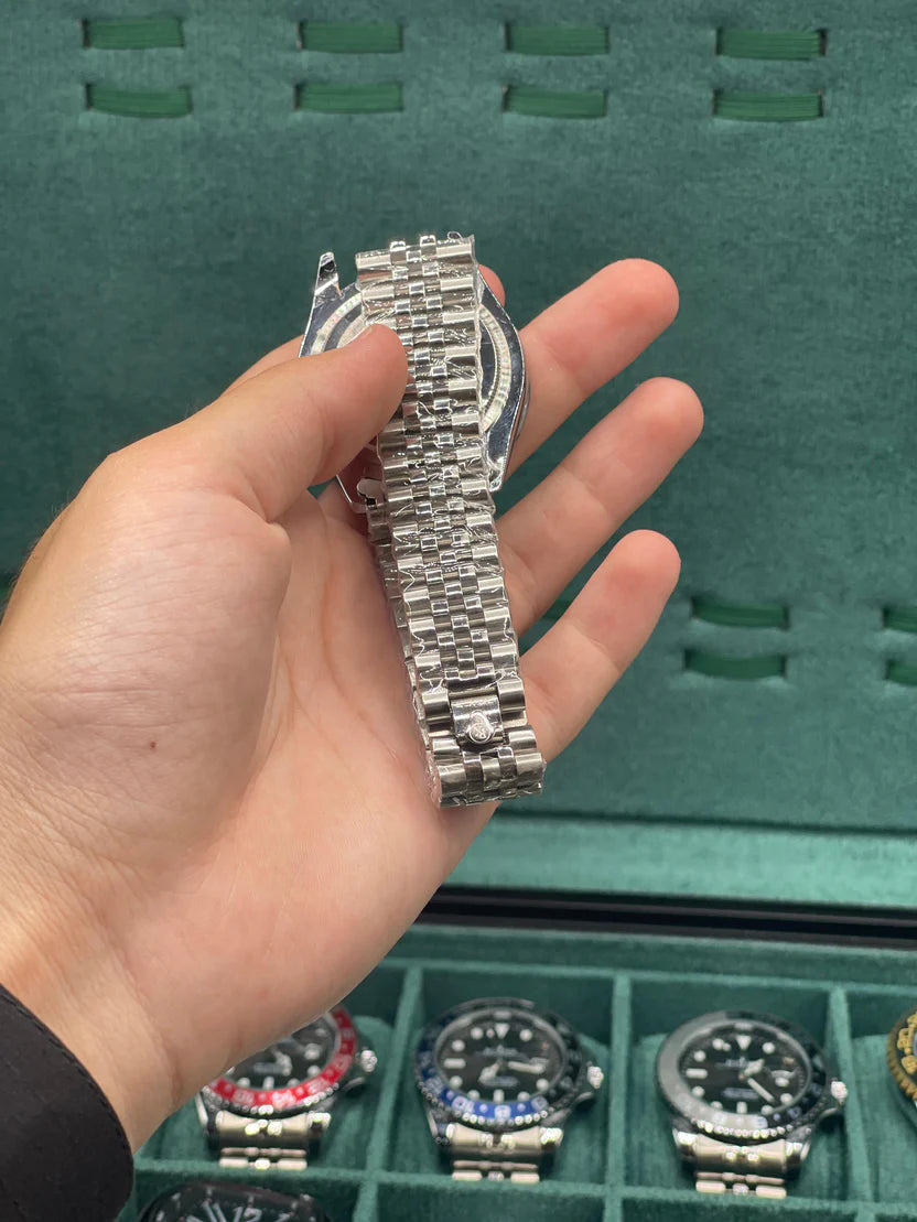 RLX Stainless Steel Dress Watch with Midnight Blue Diamond Dial, Smooth Bezel, and Jubilee Bracelet