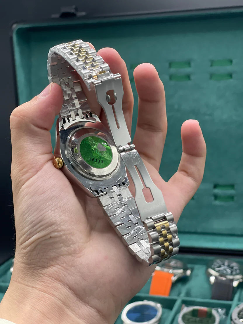 RLX Stainless Steel Dress Watch with Olive Green Diamond Dial, Smooth Bezel, and Jubilee Bracelet