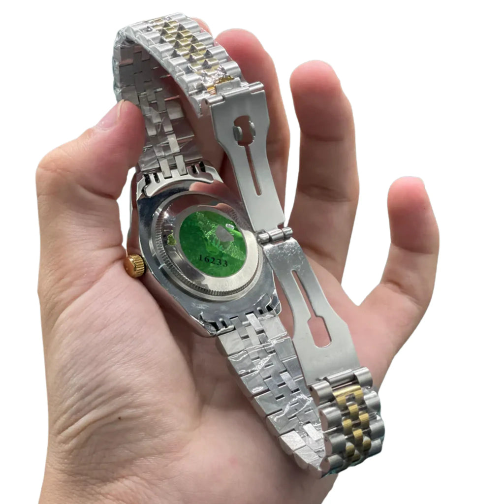 RLX Stainless Steel Dress Watch with Olive Green Diamond Dial, Smooth Bezel, and Jubilee Bracelet