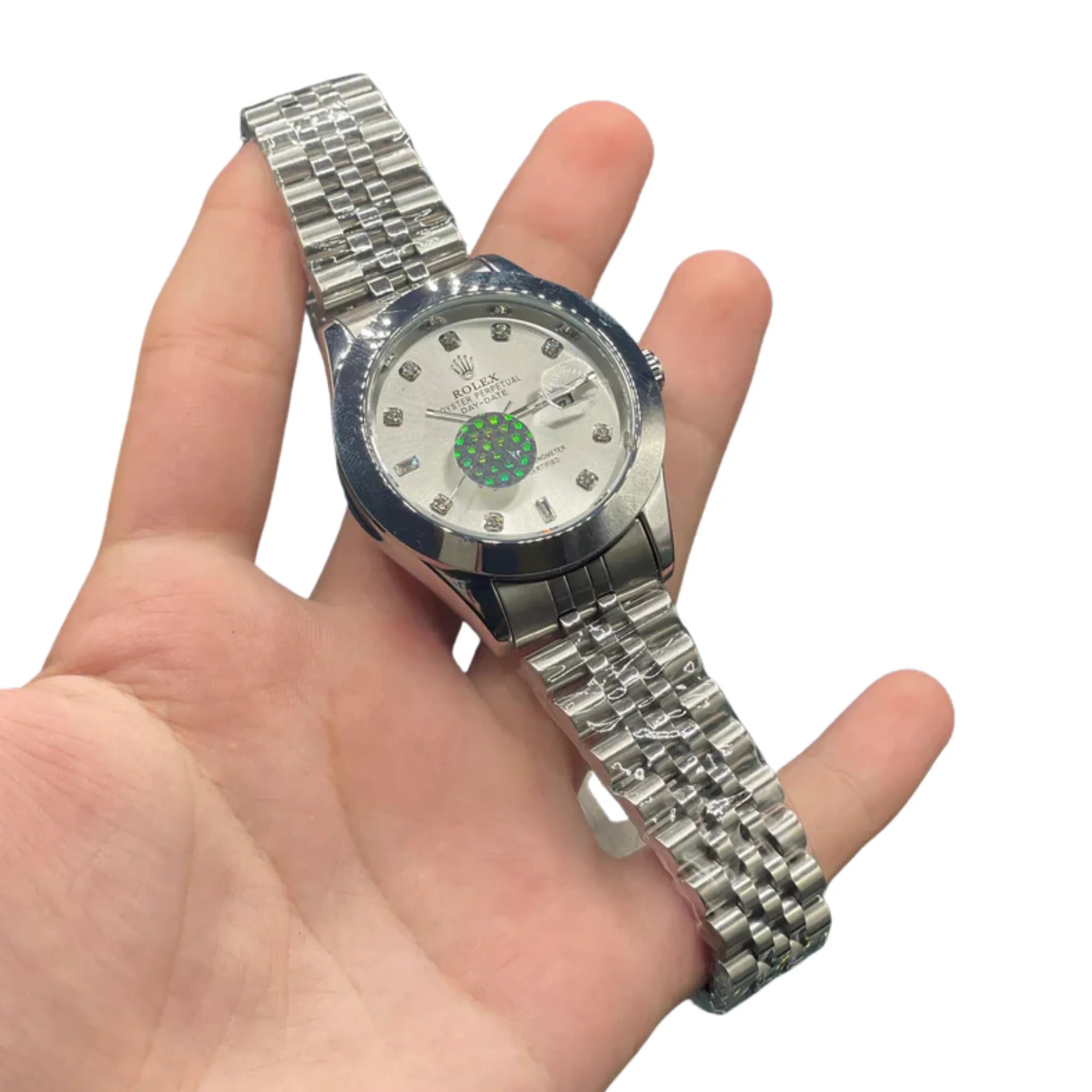 RLX Stainless Steel Dress Watch with Silver Diamond Dial, Smooth Bezel, and Jubilee Bracelet