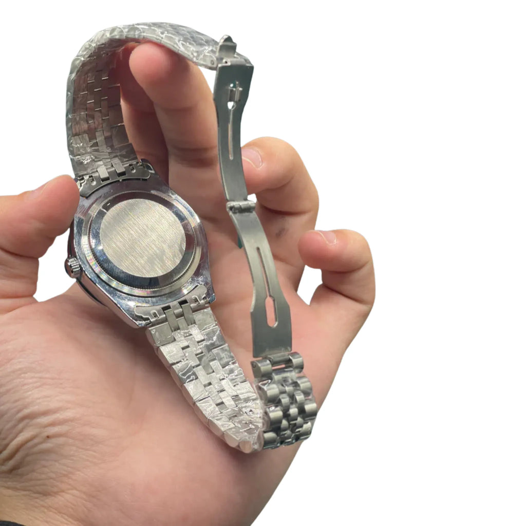 RLX Stainless Steel Dress Watch with Silver Diamond Dial, Smooth Bezel, and Jubilee Bracelet