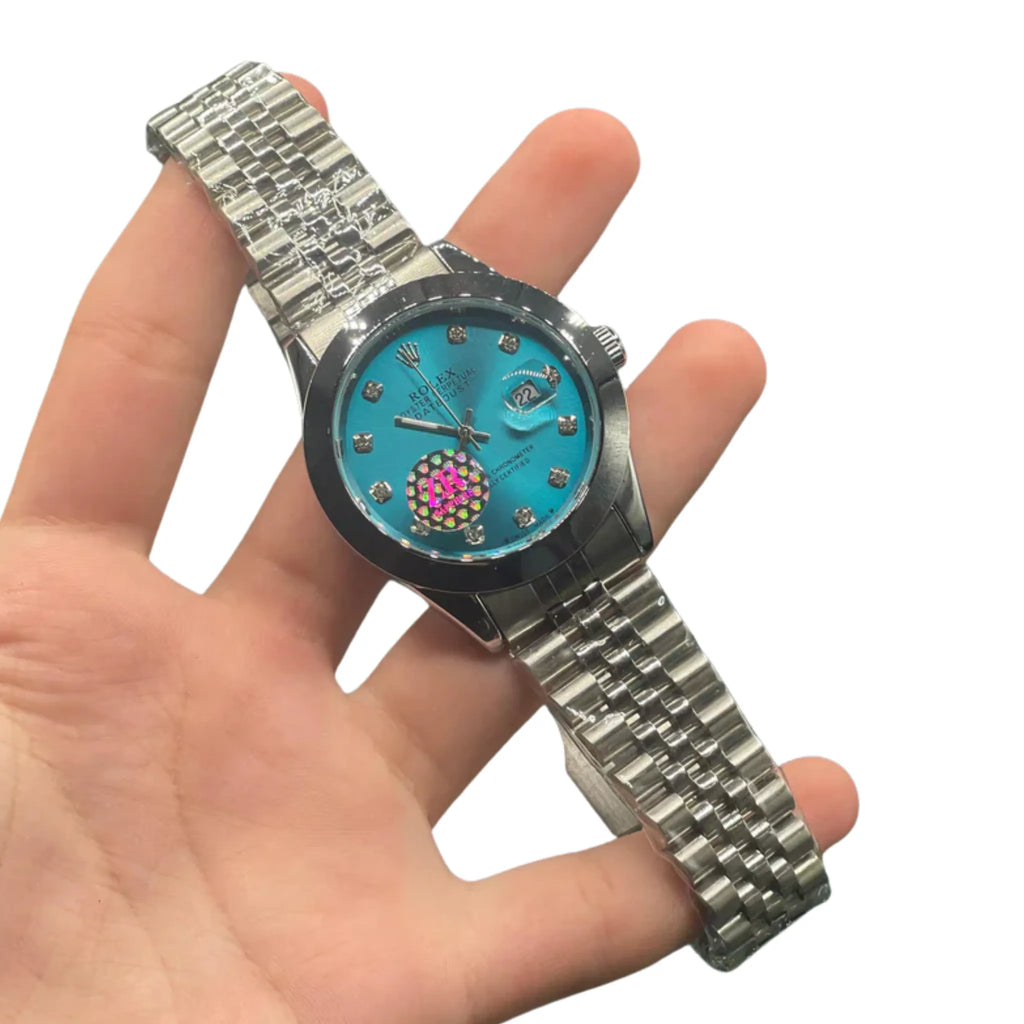 RLX Stainless Steel Dress Watch with Teal Blue Diamond Dial, Smooth Bezel, and Jubilee Bracelet