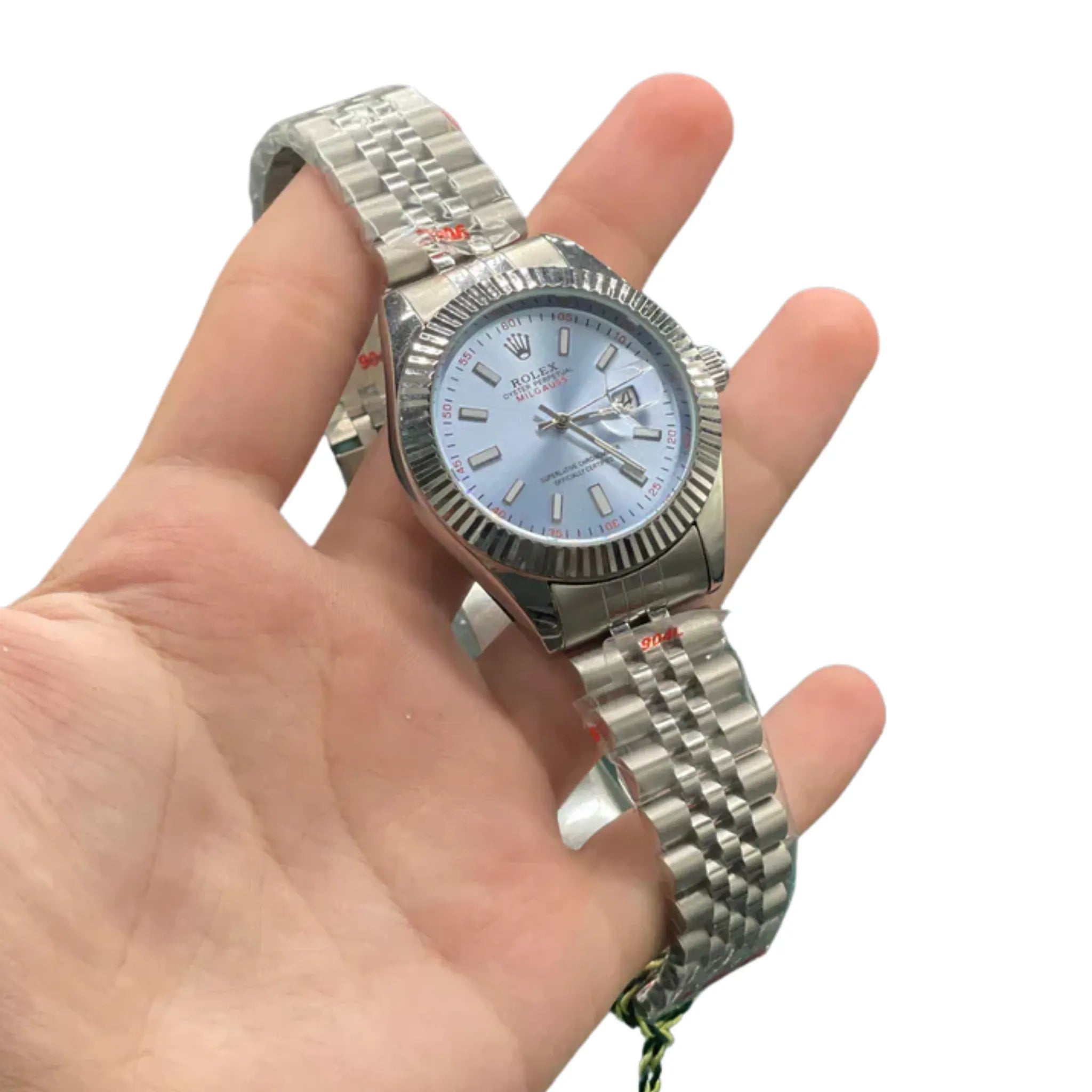 RLX Stainless Steel Luxury Dress Watch with Ice Blue Dial, Fluted Bezel, and Jubilee Bracelet