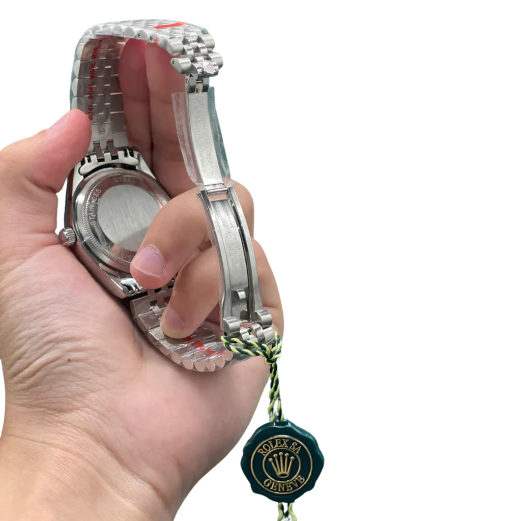 RLX Stainless Steel Luxury Dress Watch with Olive Green Dial, Fluted Bezel, and Jubilee Bracelet