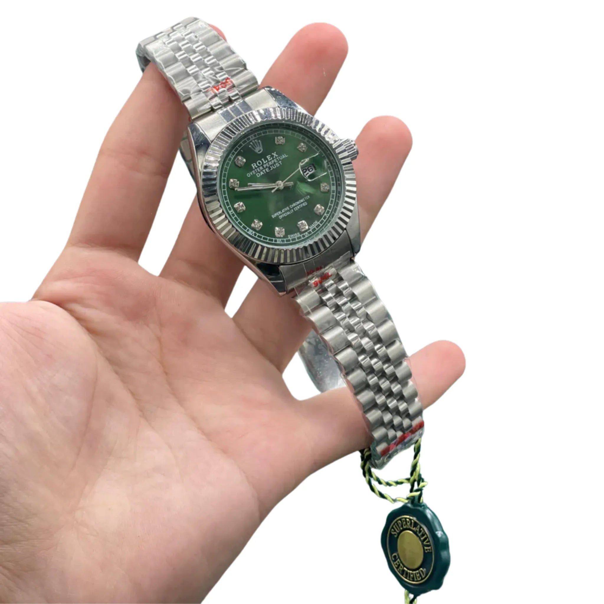 RLX Stainless Steel Luxury Dress Watch with Olive Green Diamond Dial, Fluted Bezel, and Jubilee Bracelet