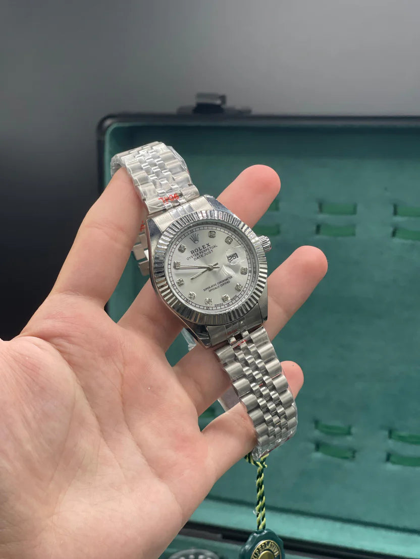 RLX Stainless Steel Luxury Dress Watch with Silver Diamond Dial, Fluted Bezel, and Jubilee Bracelet