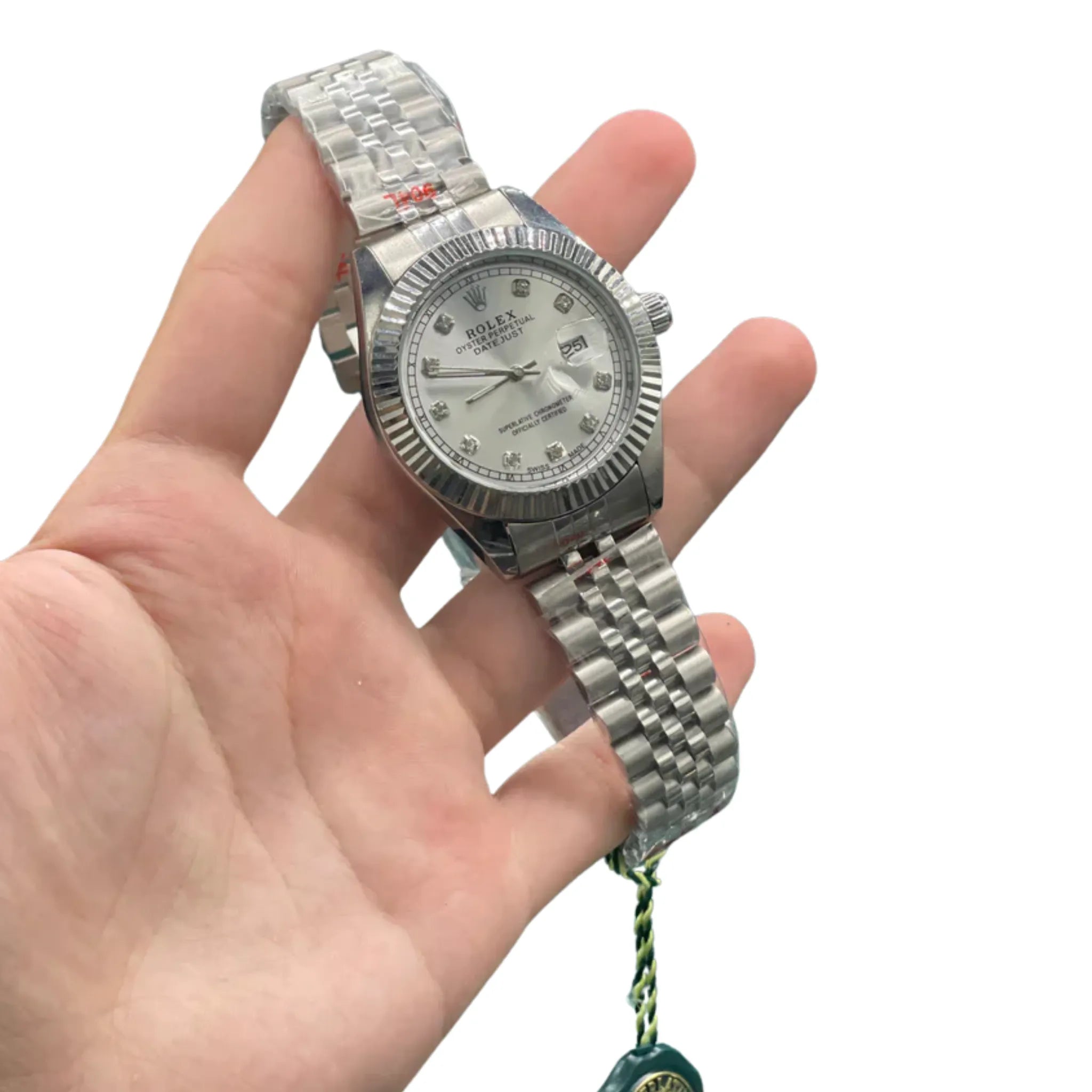 RLX Stainless Steel Luxury Dress Watch with Silver Diamond Dial, Fluted Bezel, and Jubilee Bracelet