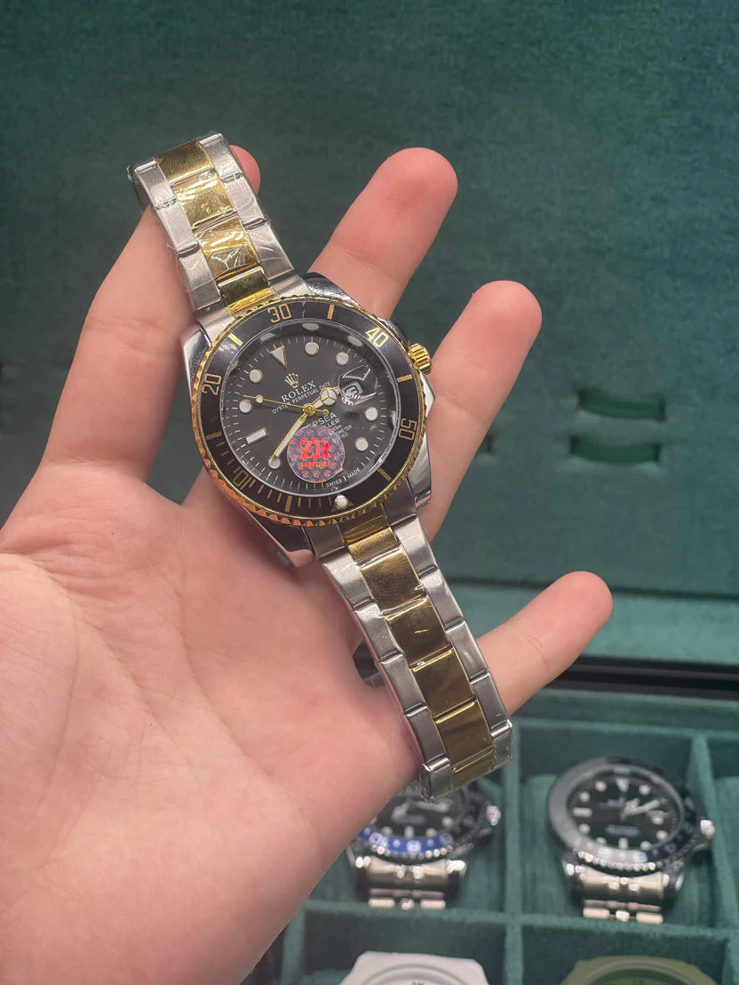 RLX Two-Tone Black Dial Diver Watch — Gold Bezel + Steel Oyster Bracelet Luxury Edition
