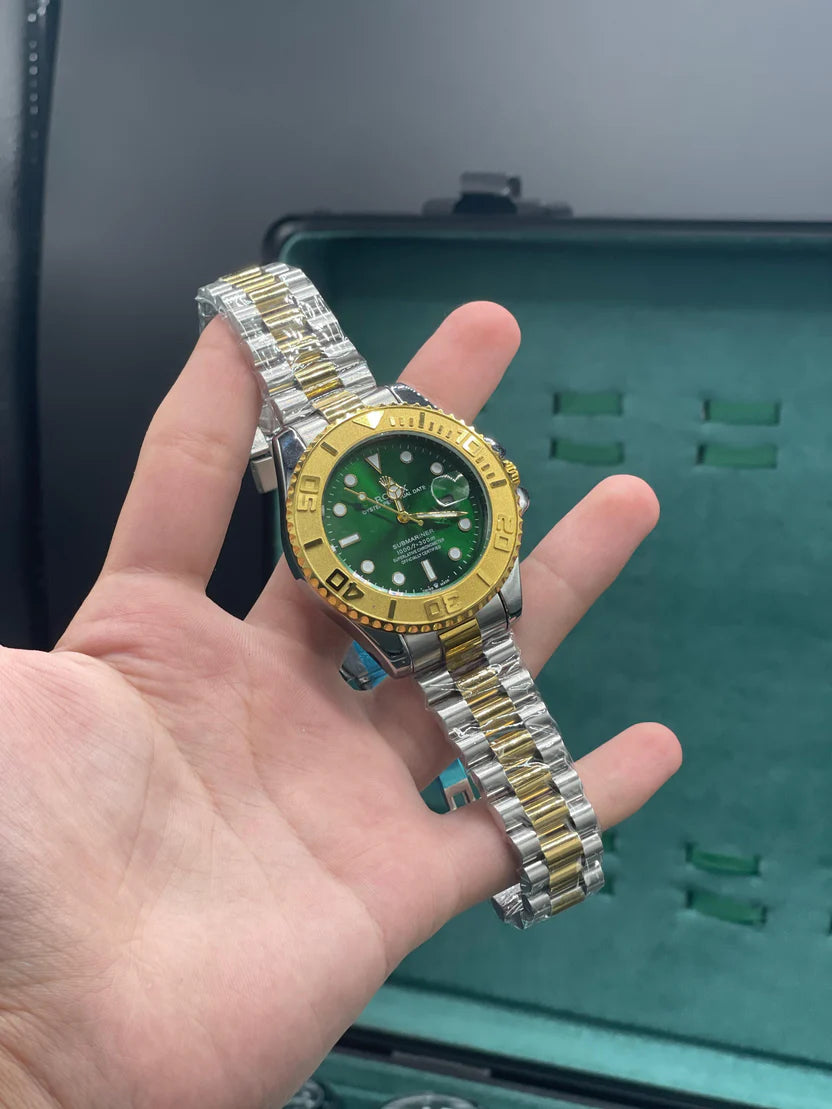 RLX Two-Tone Dive Style Watch with Green Dial, Gold Bezel, and Jubilee Bracelet