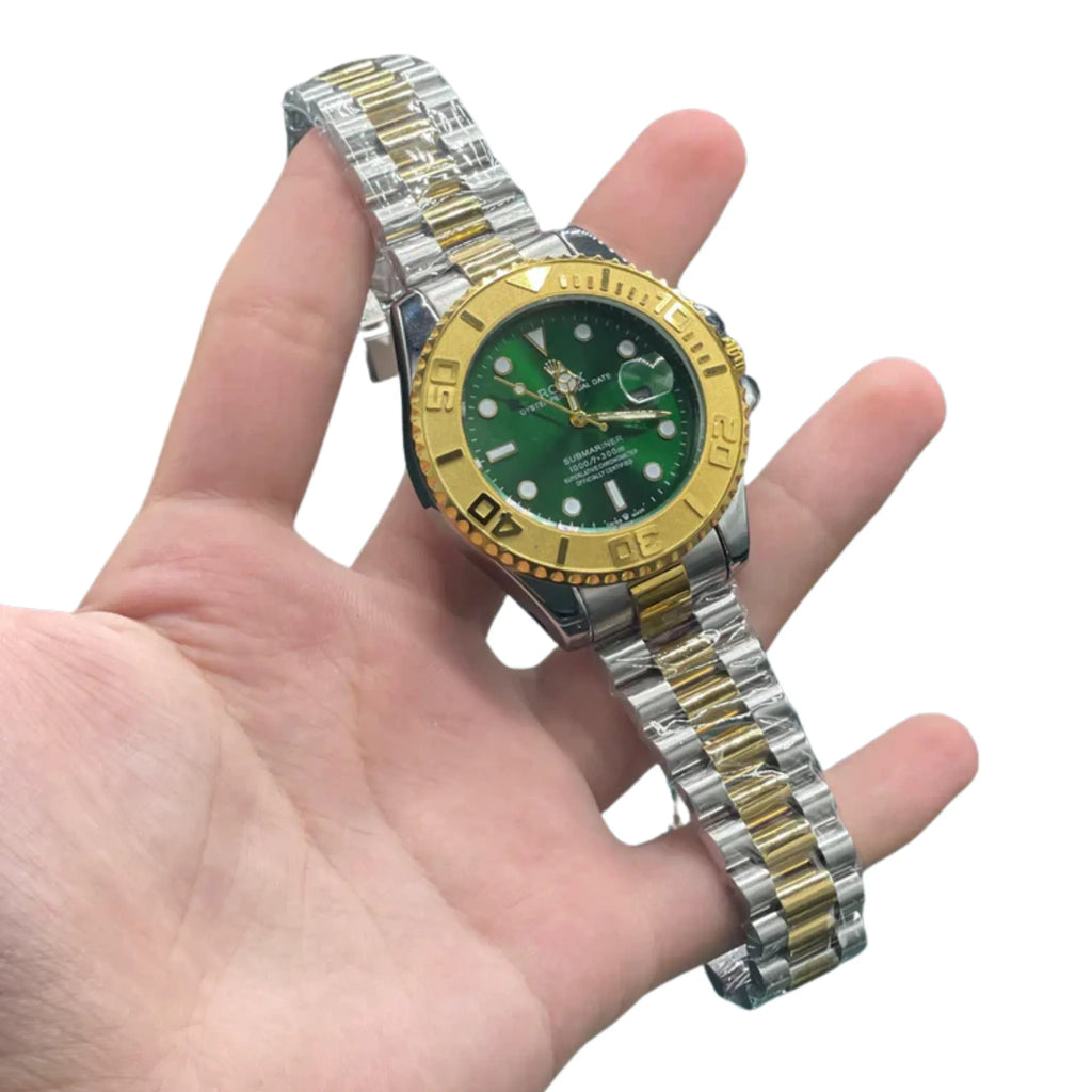 RLX Two-Tone Dive Style Watch with Green Dial, Gold Bezel, and Jubilee Bracelet