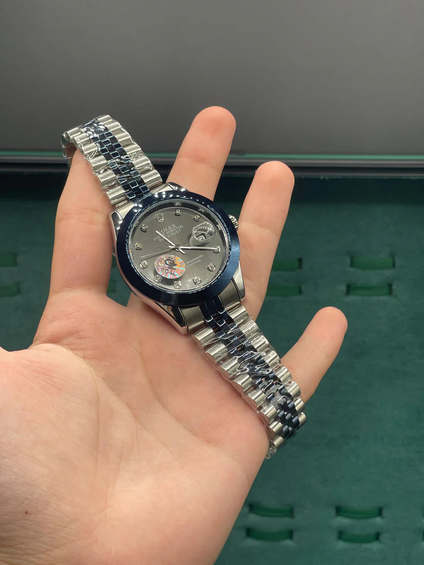 RLX Two-Tone Dress Watch with Slate Grey Diamond Dial, Blue Smooth Bezel, and Jubilee Bracelet