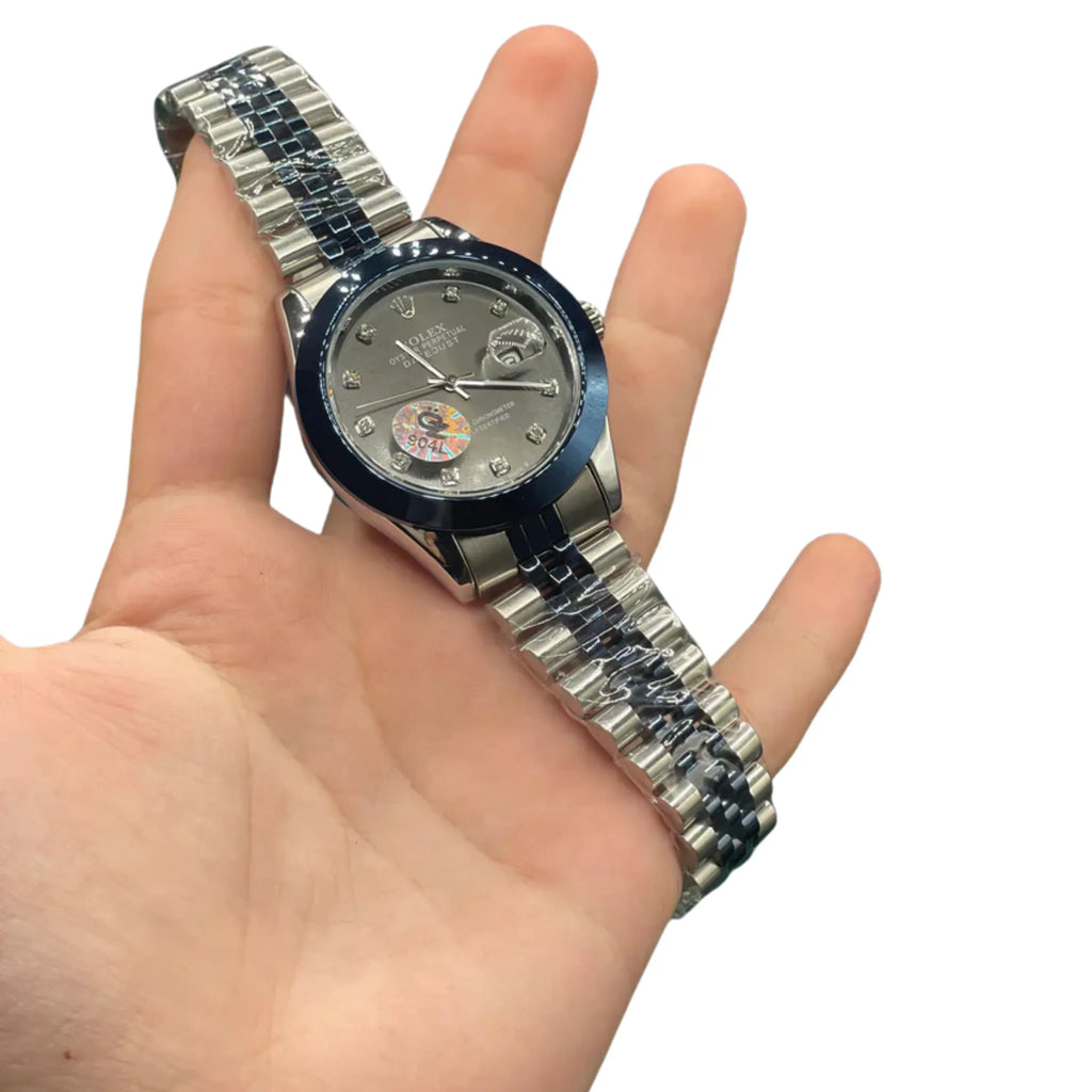 RLX Two-Tone Dress Watch with Slate Grey Diamond Dial, Blue Smooth Bezel, and Jubilee Bracelet