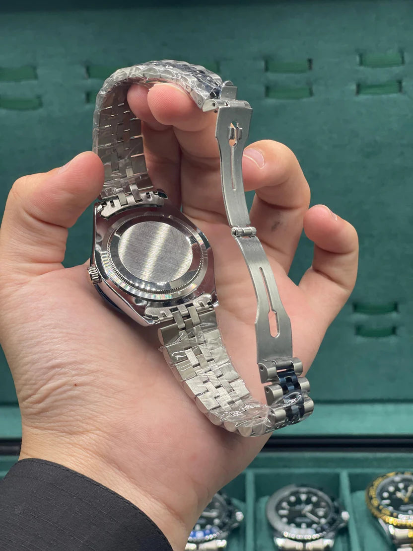 RLX Two-Tone Dress Watch with Slate Grey Diamond Dial, Blue Smooth Bezel, and Jubilee Bracelet